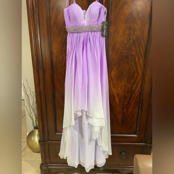 LA FEMME Wisteria Purple Pleated Ombre Chiffon Gown